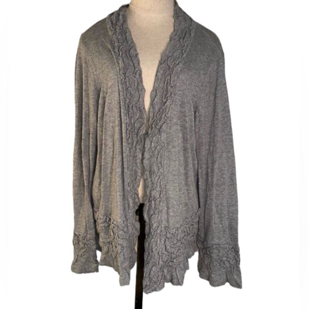 Elena Solano Womens 3X Gray Crinkle Trim Longsleeve Cozy Sweater Cardigan
